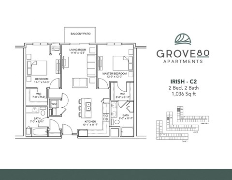 Floor plan for 2 beds, 2 baths, 1036 sqft
